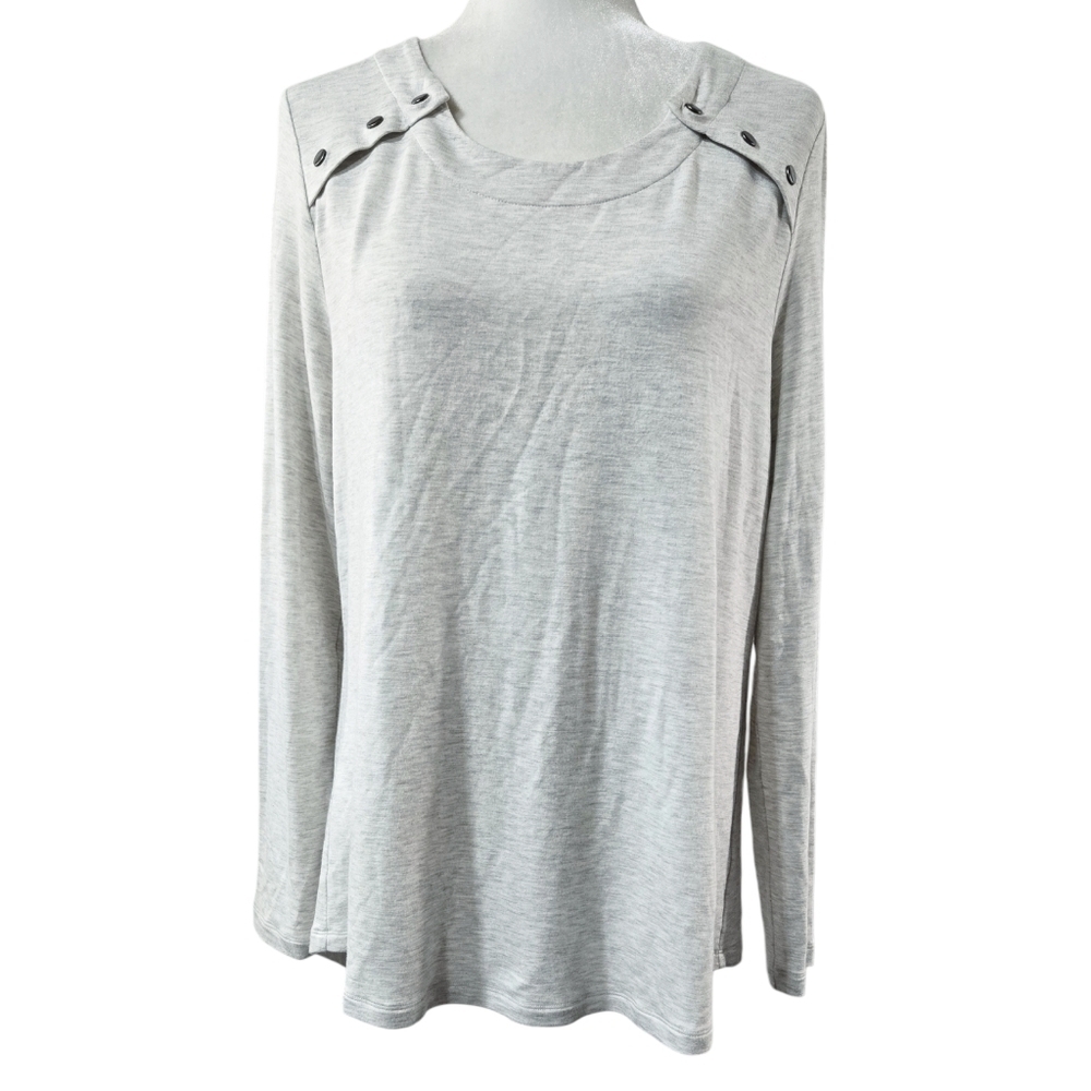 Cabi 6119 Snap Shoulder Sweatshirt Oatmeal Space Dye Long Sleeve Lounge Soft